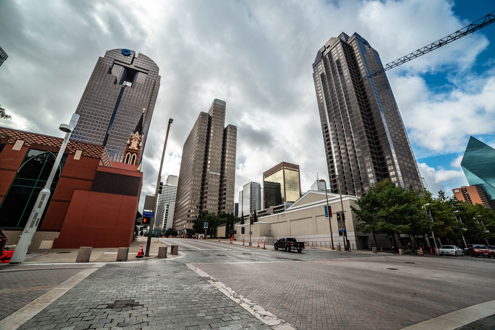 Downtown Dallas skyline under a dramatic sky